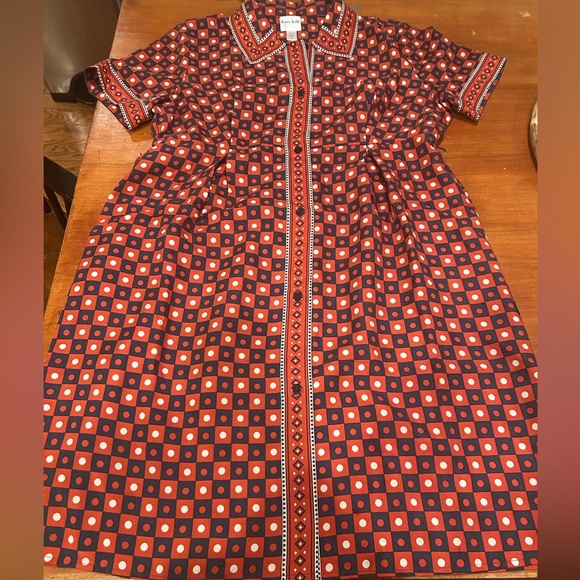 Kate Hill 100% Silk Geometric Midi Shirt Dress Women’s Size 14P. Red White Blue - Picture 1 of 12